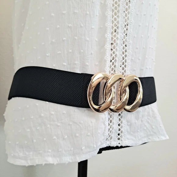Black wide corset elastic boho stretch waist belt triple Gold chain link belt - Picture 13 of 14